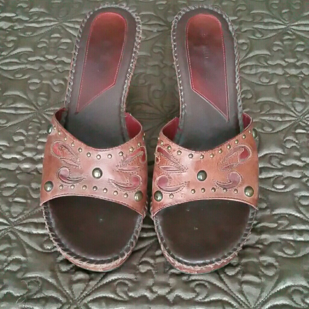 Brown leather slides